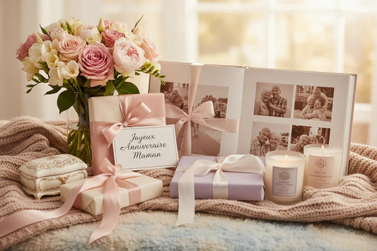 Cadeau anniversaire maman avec bouquet fleurs, livres photos, bougies et cadeaux emballés avec rubans satin