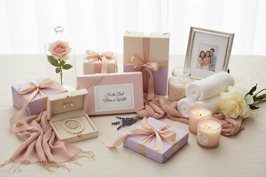 Cadeau maman avec bijoux, bougies, serviettes, rose sous cloche et boîte cadeau pour anniversaire ou Noël