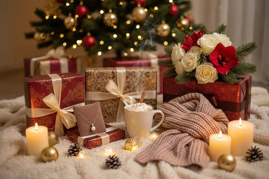 cadeau maman Noël avec bijoux, bouquet fleurs, bougies et écharpe devant sapin de Noël décoré