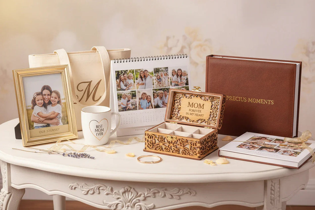 idée cadeau anniversaire maman avec coffret bois, mug best mom, photo cadre, calendrier personnalisé et album photo