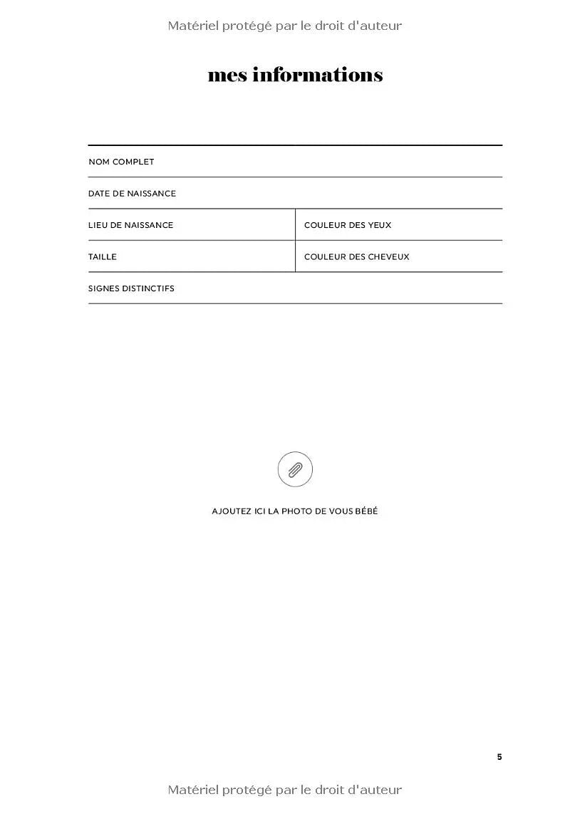 Page blanche pour écrire mes informations bébé, idée cadeau anniversaire maman, cadeau maman anniversaire, cadeau maman Noël
