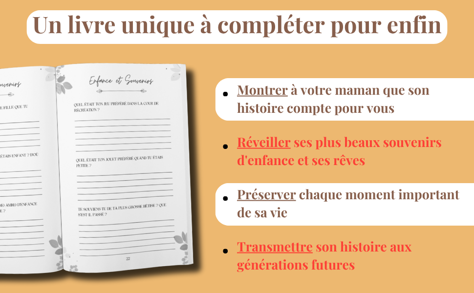 Pages intérieures du carnet souvenir – exemple de questions à remplir par la maman